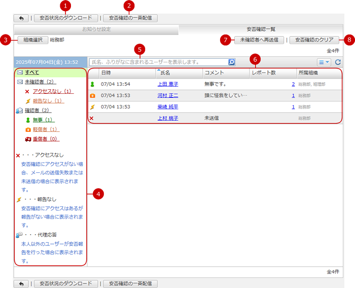 安否確認の一覧を表示する