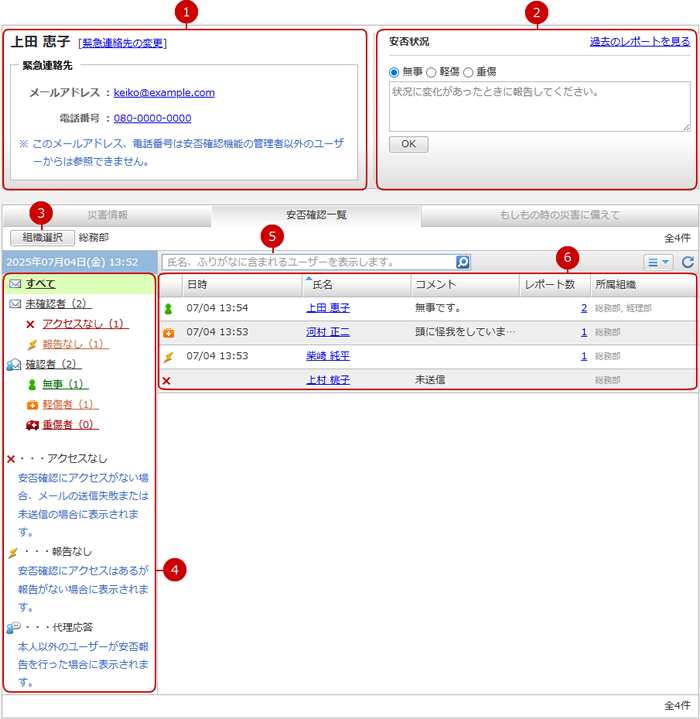 安否確認の一覧を表示する（基本画面）